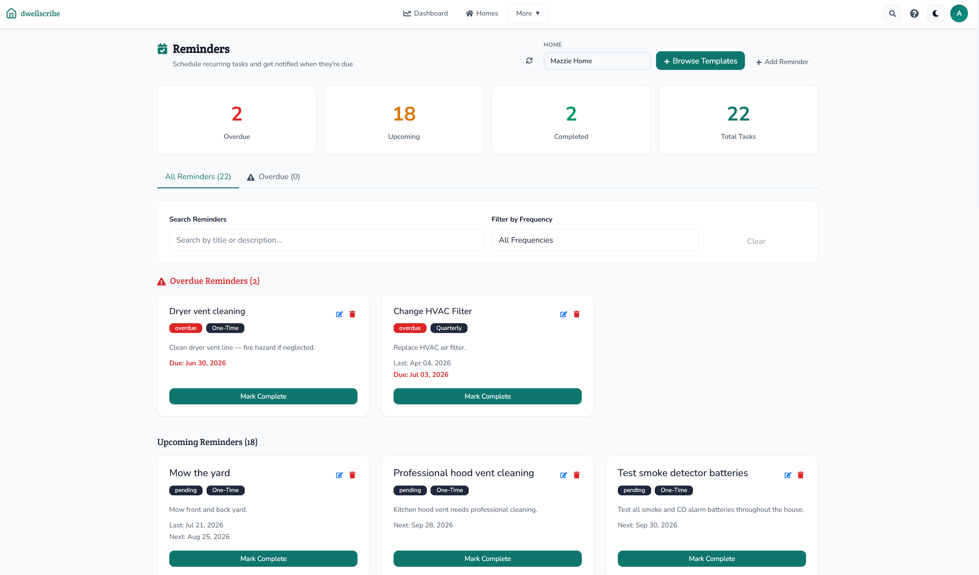 dwellscribe reminders — stay on top of maintenance